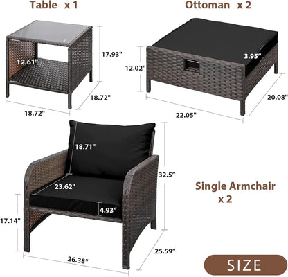 LAFWELL 5 Piece Patio Conversation Set with Wicker Rattan Outdoor Lounge Chairs, Soft Cushions, Ottoman, Glass Table