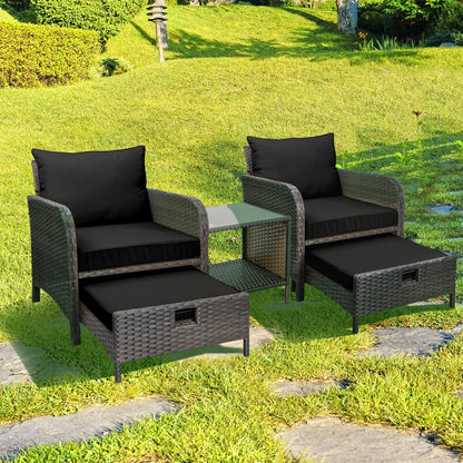 LAFWELL 5 Piece Patio Conversation Set with Wicker Rattan Outdoor Lounge Chairs, Soft Cushions, Ottoman, Glass Table