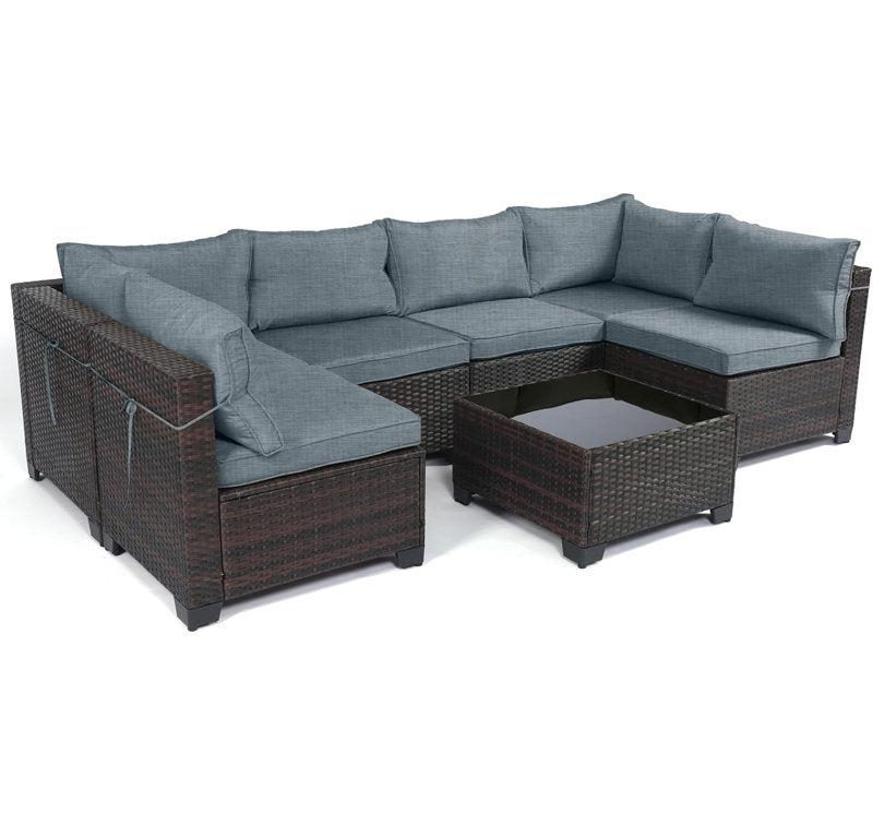 LAFWELL Outdoor Patio Furniture Sets: 7-Piece  Rattan Conversation Sectional Set with Wicker Sofa &amp; Tea Table