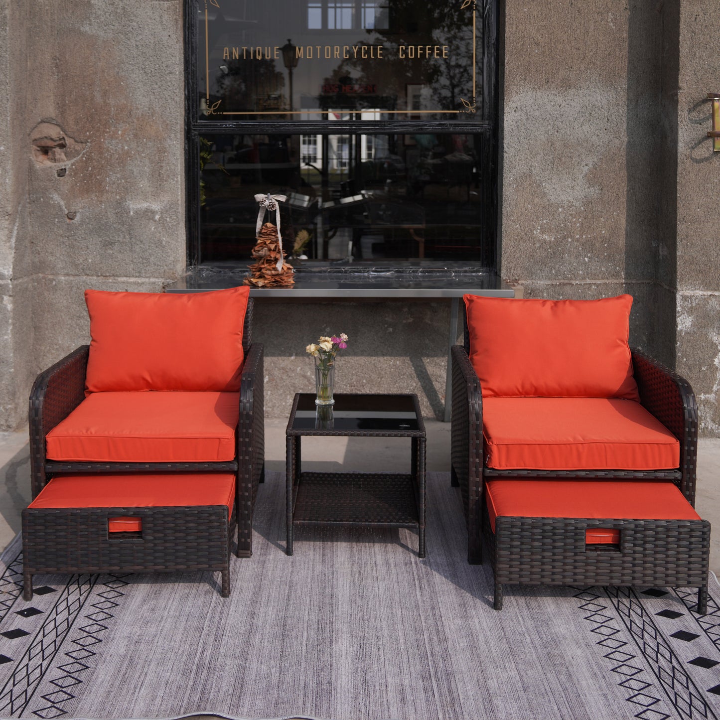 LAFWELL 5 Piece Patio Conversation Set with Wicker Rattan Outdoor Lounge Chairs, Soft Cushions, Ottoman, Glass Table
