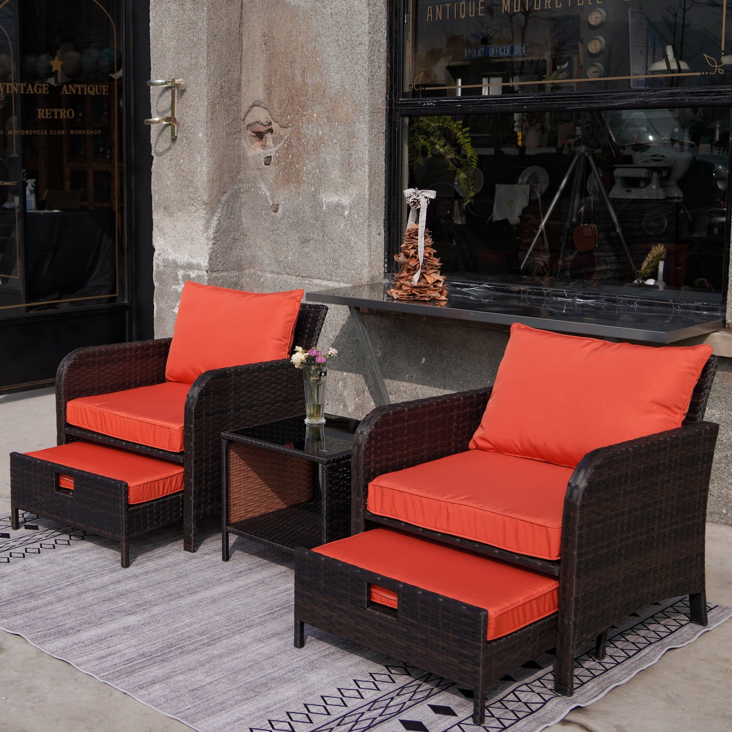 LAFWELL 5 Piece Patio Conversation Set with Wicker Rattan Outdoor Lounge Chairs, Soft Cushions, Ottoman, Glass Table