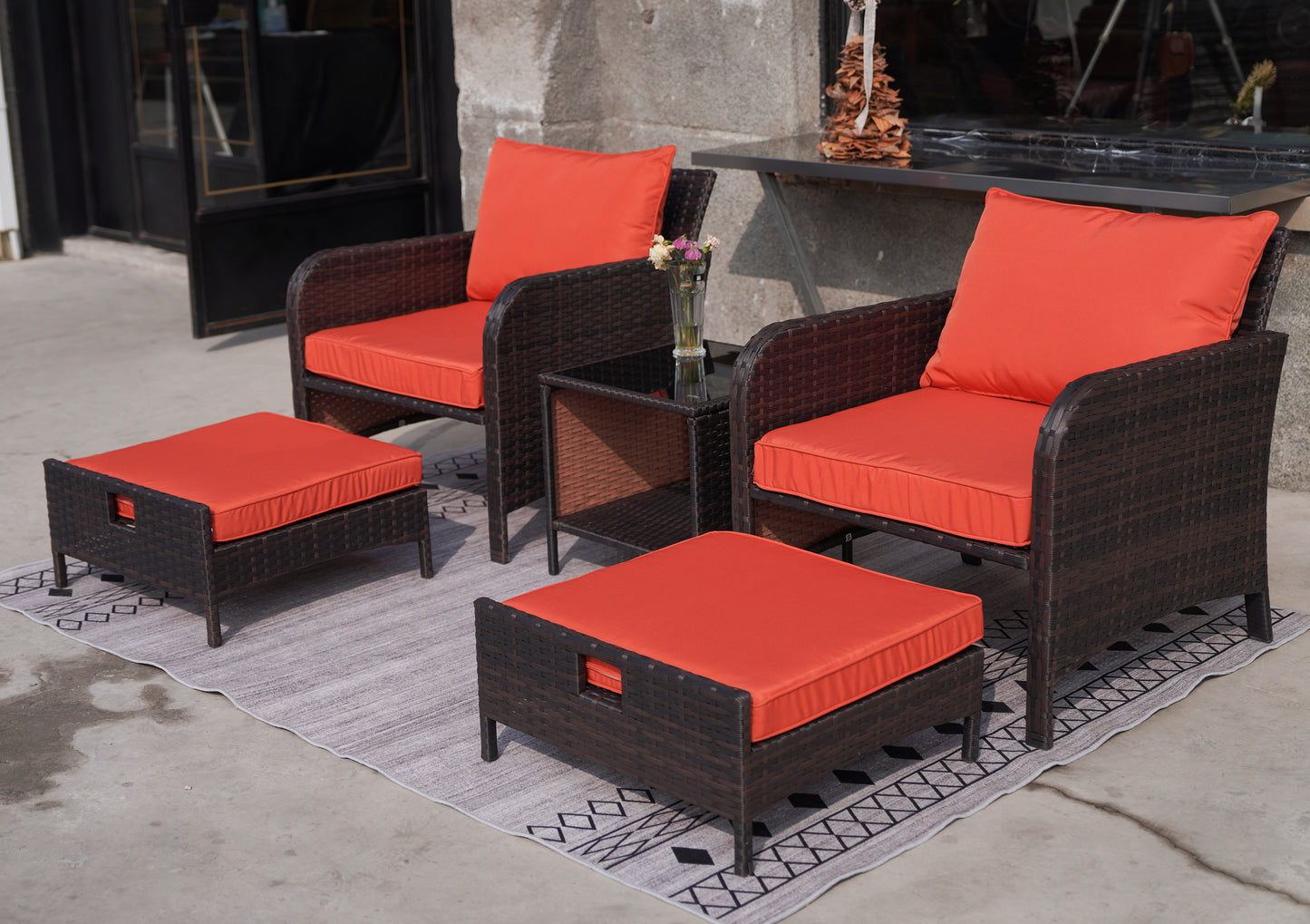 LAFWELL 5 Piece Patio Conversation Set with Wicker Rattan Outdoor Lounge Chairs, Soft Cushions, Ottoman, Glass Table
