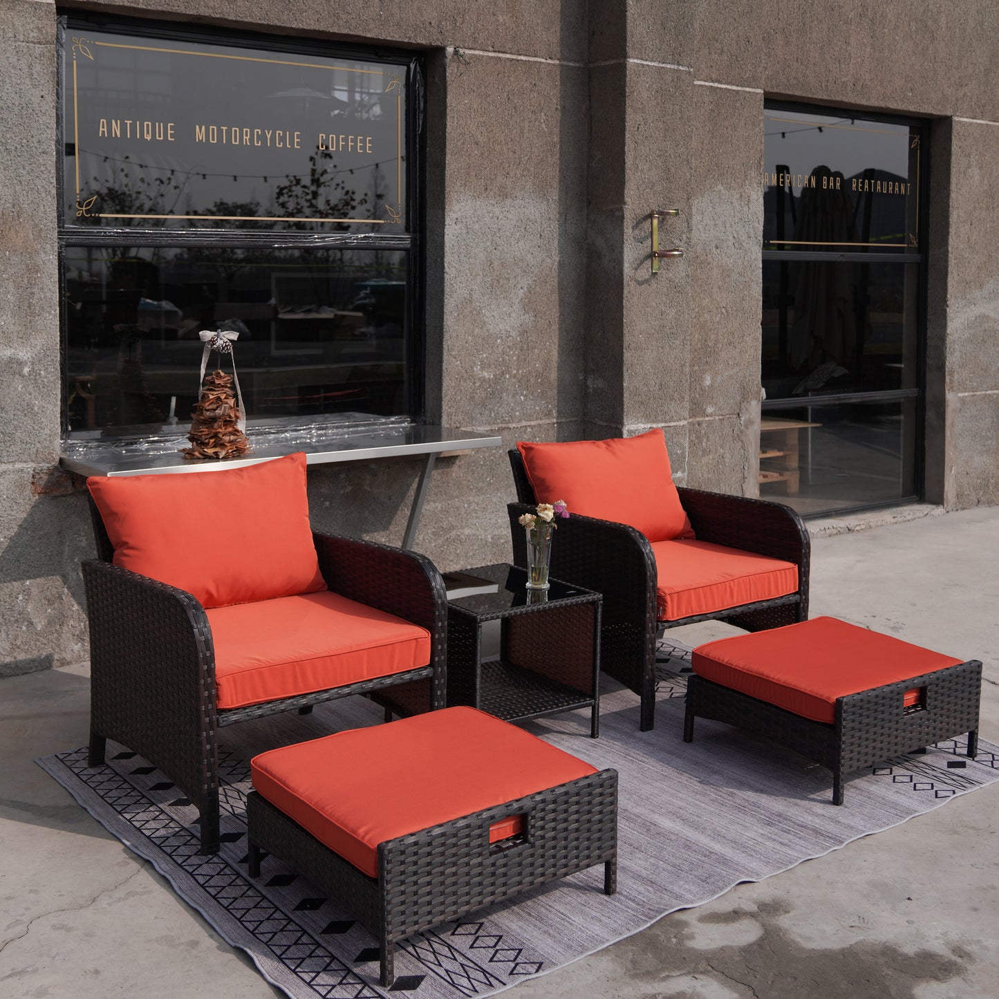 LAFWELL 5 Piece Patio Conversation Set with Wicker Rattan Outdoor Lounge Chairs, Soft Cushions, Ottoman, Glass Table