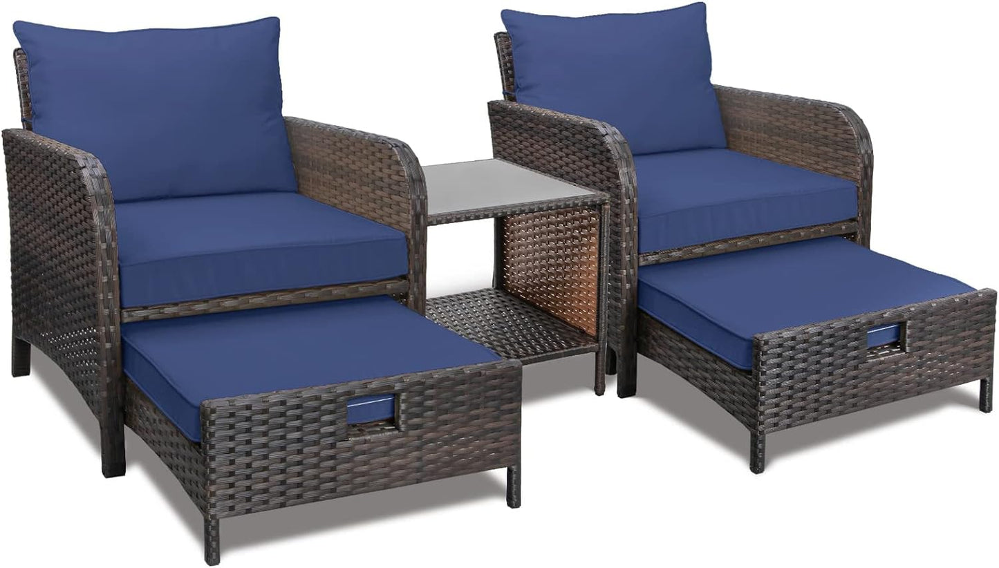 LAFWELL 5 Piece Patio Conversation Set with Wicker Rattan Outdoor Lounge Chairs, Soft Cushions, Ottoman, Glass Table
