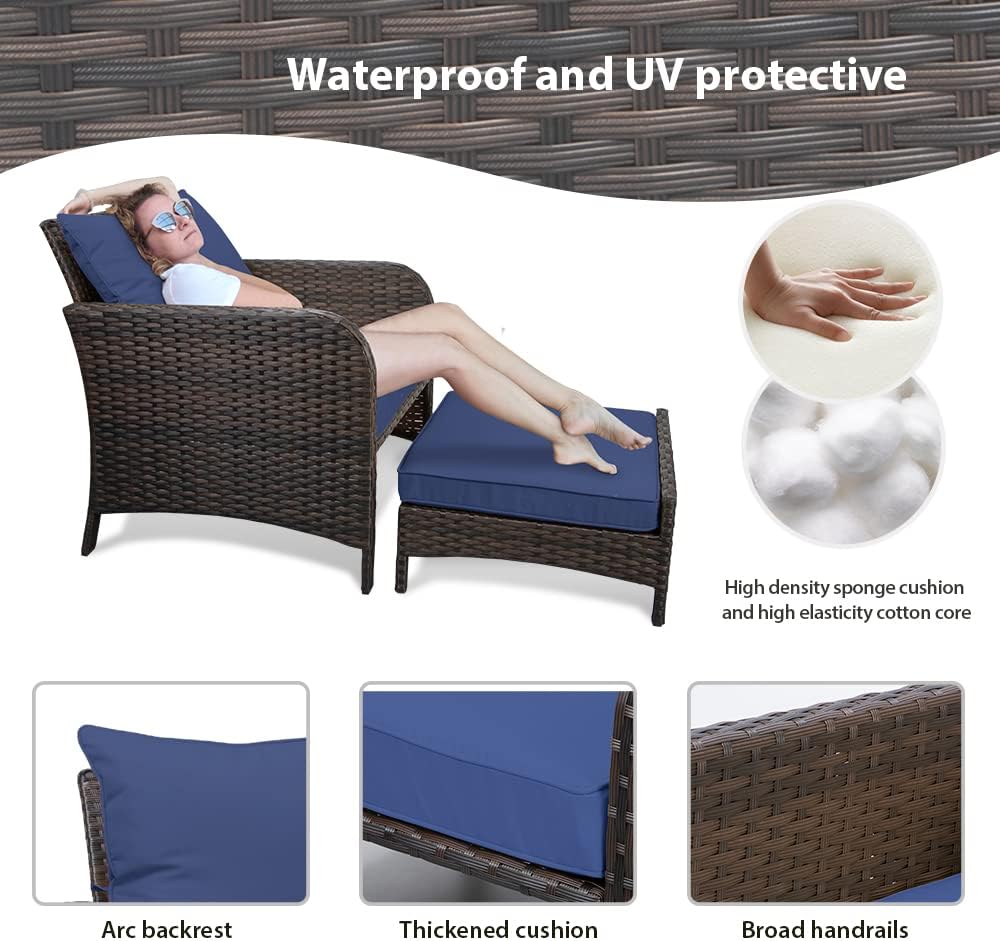LAFWELL 5 Piece Patio Conversation Set with Wicker Rattan Outdoor Lounge Chairs, Soft Cushions, Ottoman, Glass Table