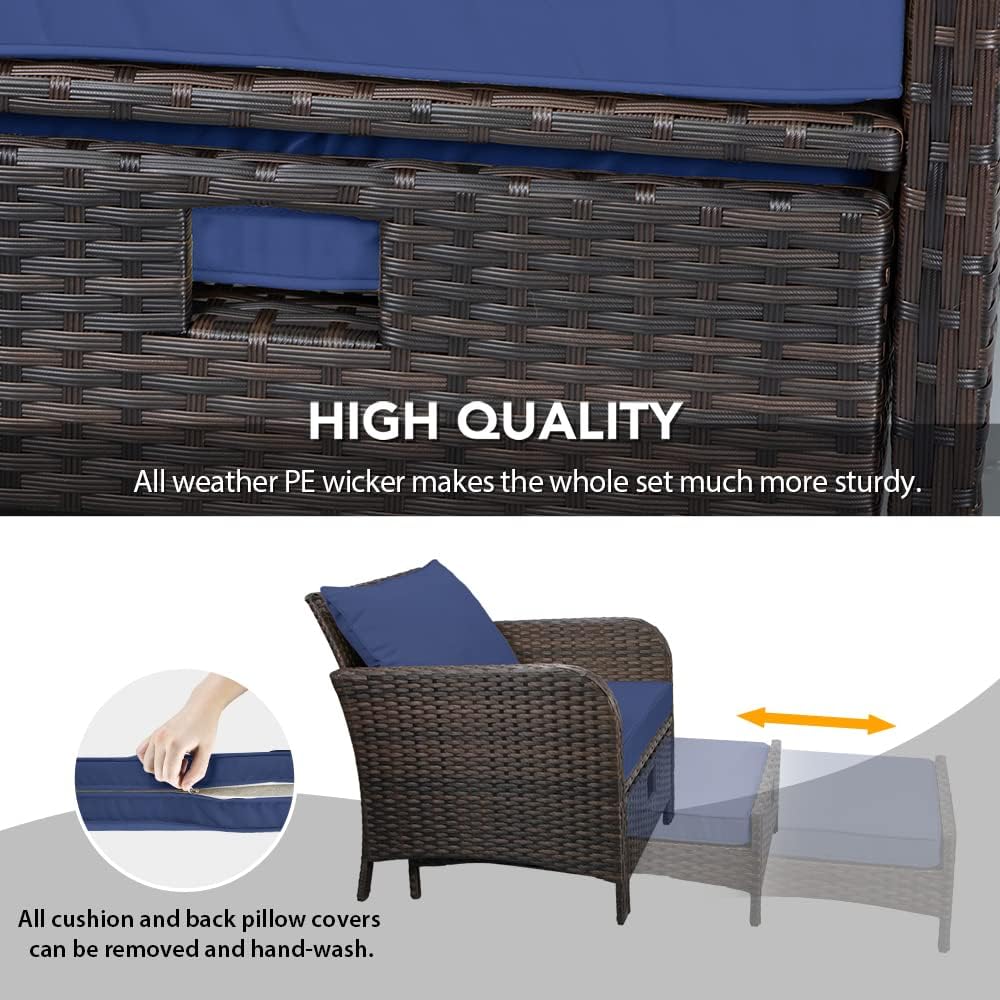 LAFWELL 5 Piece Patio Conversation Set with Wicker Rattan Outdoor Lounge Chairs, Soft Cushions, Ottoman, Glass Table