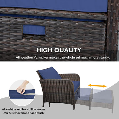 LAFWELL 5 Piece Patio Conversation Set with Wicker Rattan Outdoor Lounge Chairs, Soft Cushions, Ottoman, Glass Table