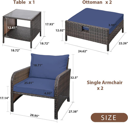 LAFWELL 5 Piece Patio Conversation Set with Wicker Rattan Outdoor Lounge Chairs, Soft Cushions, Ottoman, Glass Table