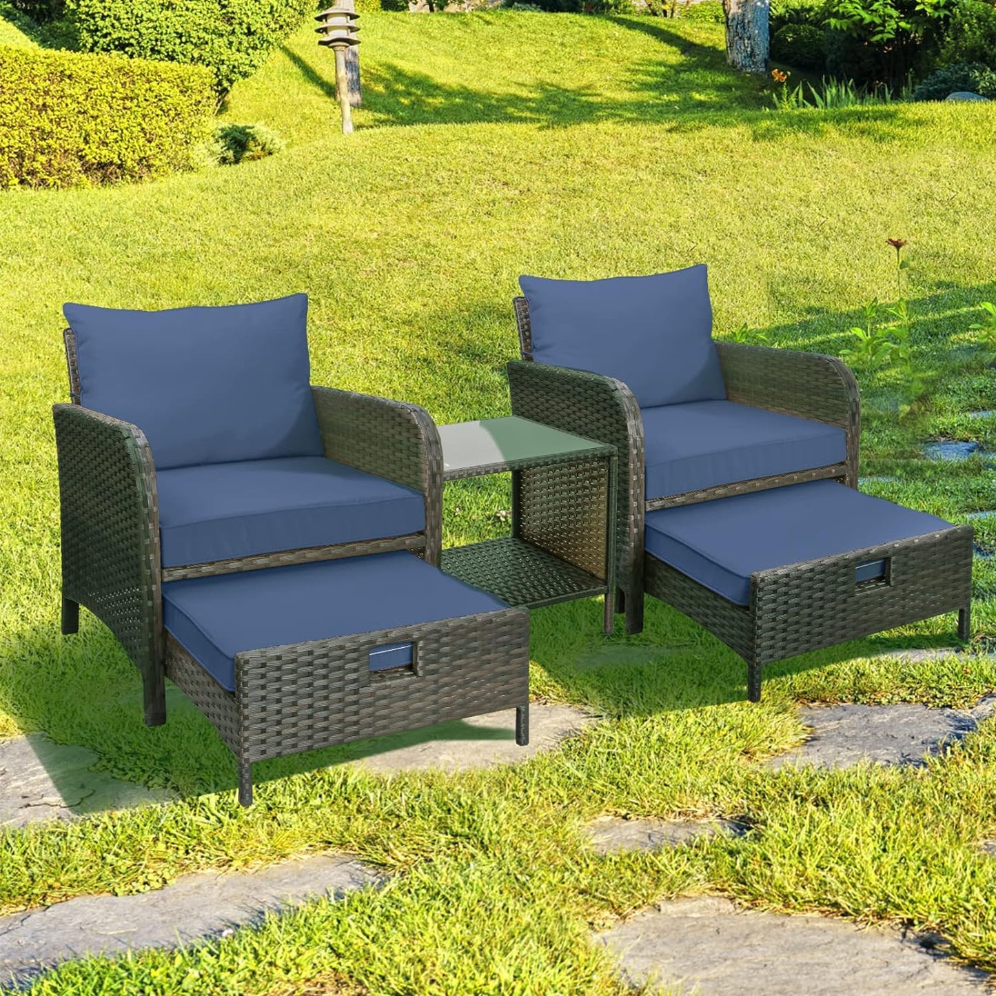 LAFWELL 5 Piece Patio Conversation Set with Wicker Rattan Outdoor Lounge Chairs, Soft Cushions, Ottoman, Glass Table