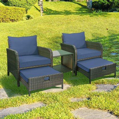 LAFWELL 5 Piece Patio Conversation Set with Wicker Rattan Outdoor Lounge Chairs, Soft Cushions, Ottoman, Glass Table