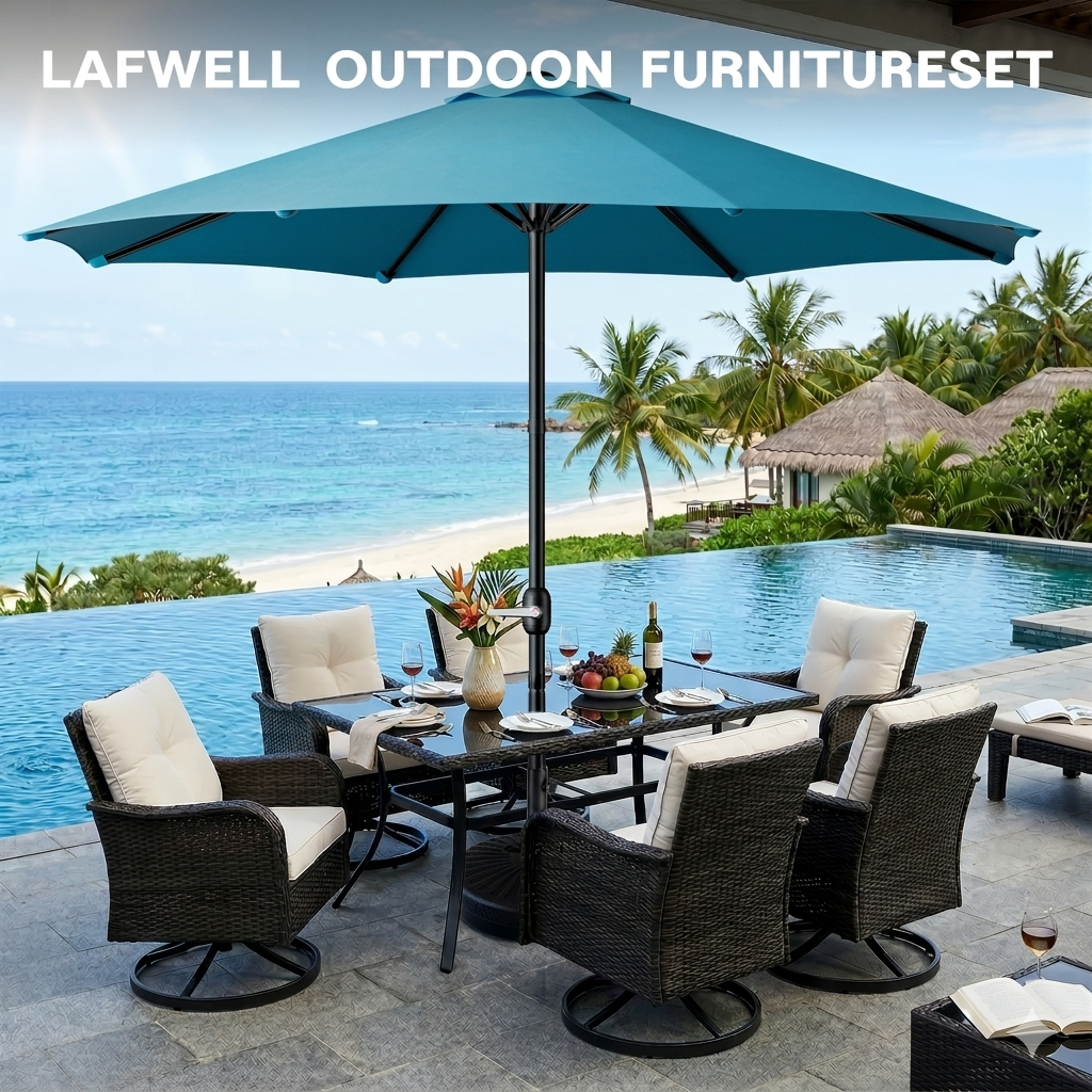 LAFWELL  9FT Outdoor Patio Umbrella with Easy Crank - UV Resistant & Waterproof Market Umbrella with Ventilated Canopy, 8 Sturdy Ribs & Powder-Coated Frame for Garden, Deck, Backyard, Pool, Patio Table