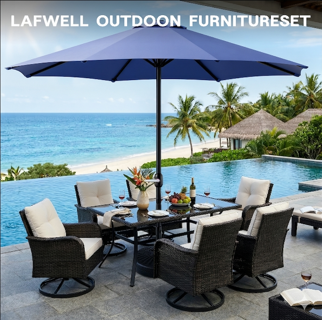 LAFWELL  9FT Outdoor Patio Umbrella with Easy Crank - UV Resistant & Waterproof Market Umbrella with Ventilated Canopy, 8 Sturdy Ribs & Powder-Coated Frame for Garden, Deck, Backyard, Pool, Patio Table