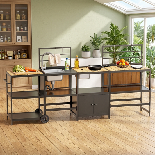 LAFWELL Modular Outdoor Kitchen Island 4-Piece Set, Aluminum Outdoor Kitchen Cabinets Prep Station with Sink, Storage Cabinets & Shelves for Patio, Backyard & Deck
