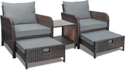 LAFWELL 5 Piece Patio Conversation Set with Wicker Rattan Outdoor Lounge Chairs, Soft Cushions, Ottoman, Glass Table
