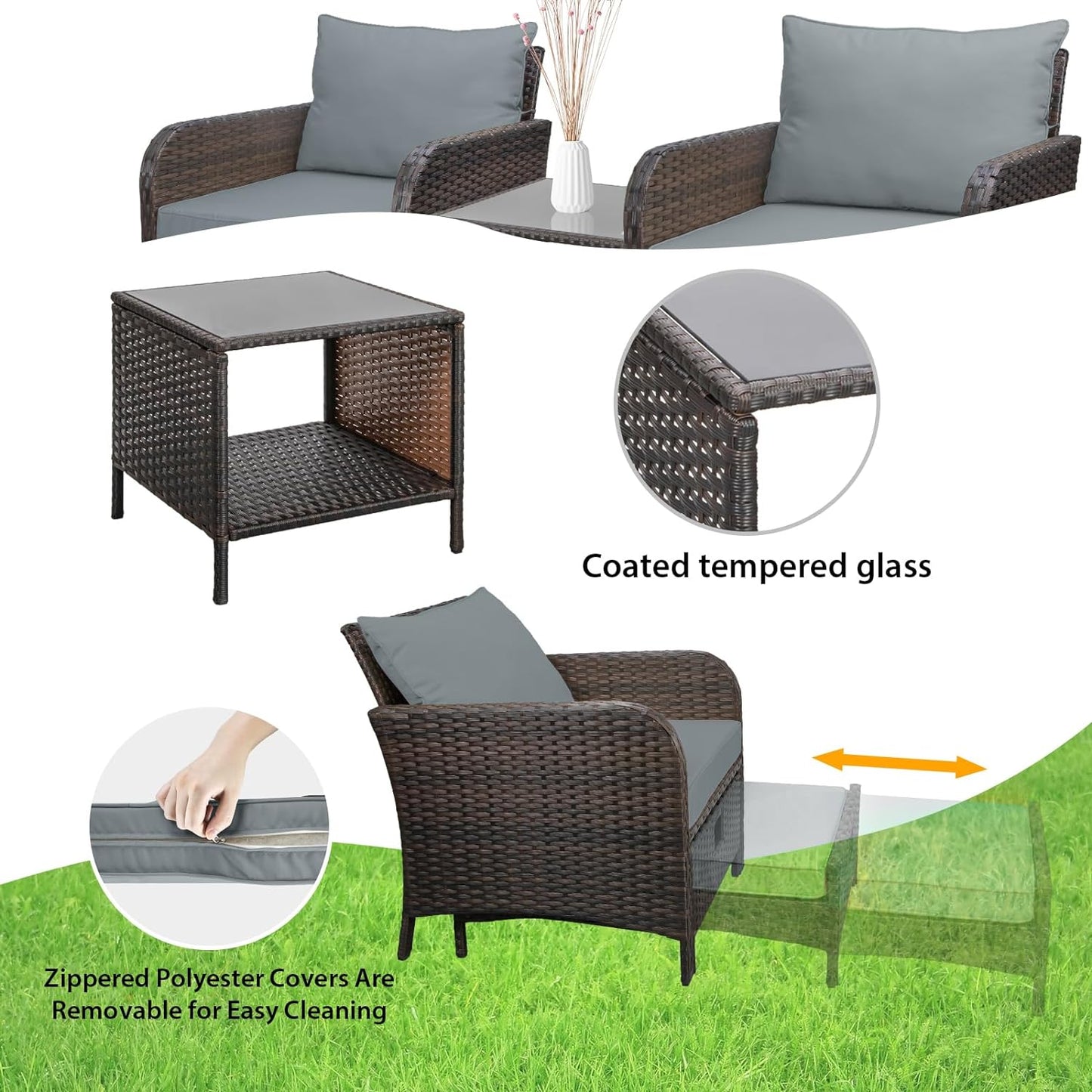 LAFWELL 5 Piece Patio Conversation Set with Wicker Rattan Outdoor Lounge Chairs, Soft Cushions, Ottoman, Glass Table