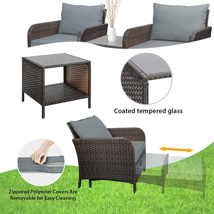 LAFWELL 5 Piece Patio Conversation Set with Wicker Rattan Outdoor Lounge Chairs, Soft Cushions, Ottoman, Glass Table