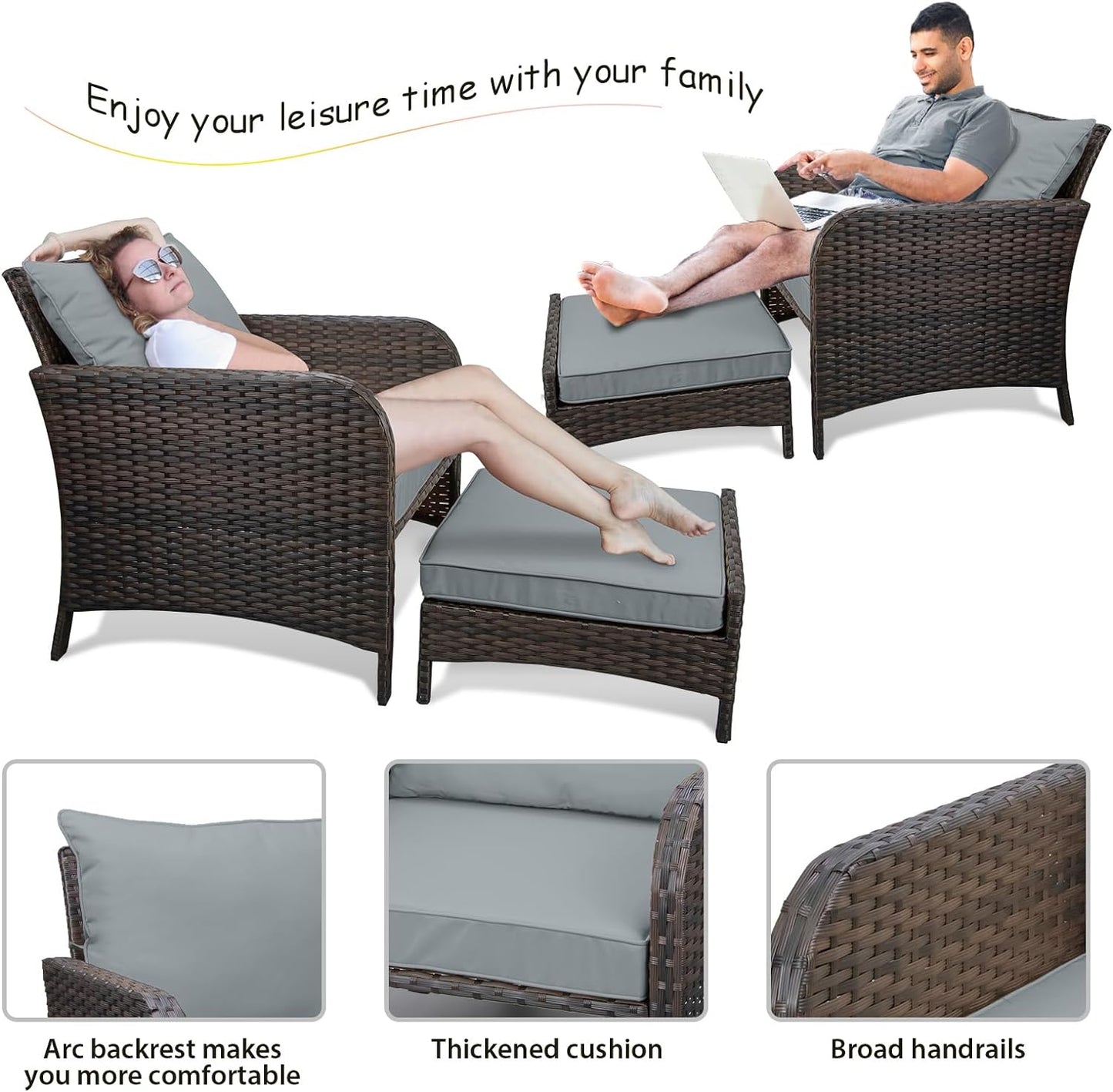 LAFWELL 5 Piece Patio Conversation Set with Wicker Rattan Outdoor Lounge Chairs, Soft Cushions, Ottoman, Glass Table