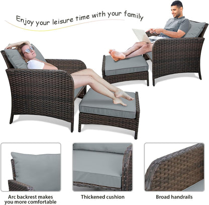 LAFWELL 5 Piece Patio Conversation Set with Wicker Rattan Outdoor Lounge Chairs, Soft Cushions, Ottoman, Glass Table