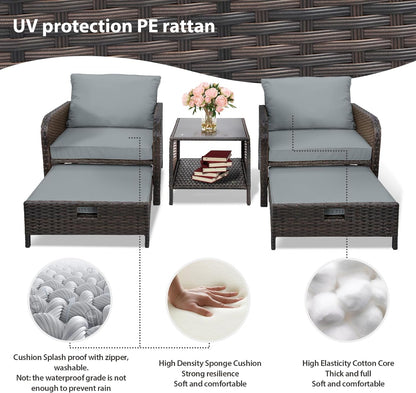LAFWELL 5 Piece Patio Conversation Set with Wicker Rattan Outdoor Lounge Chairs, Soft Cushions, Ottoman, Glass Table