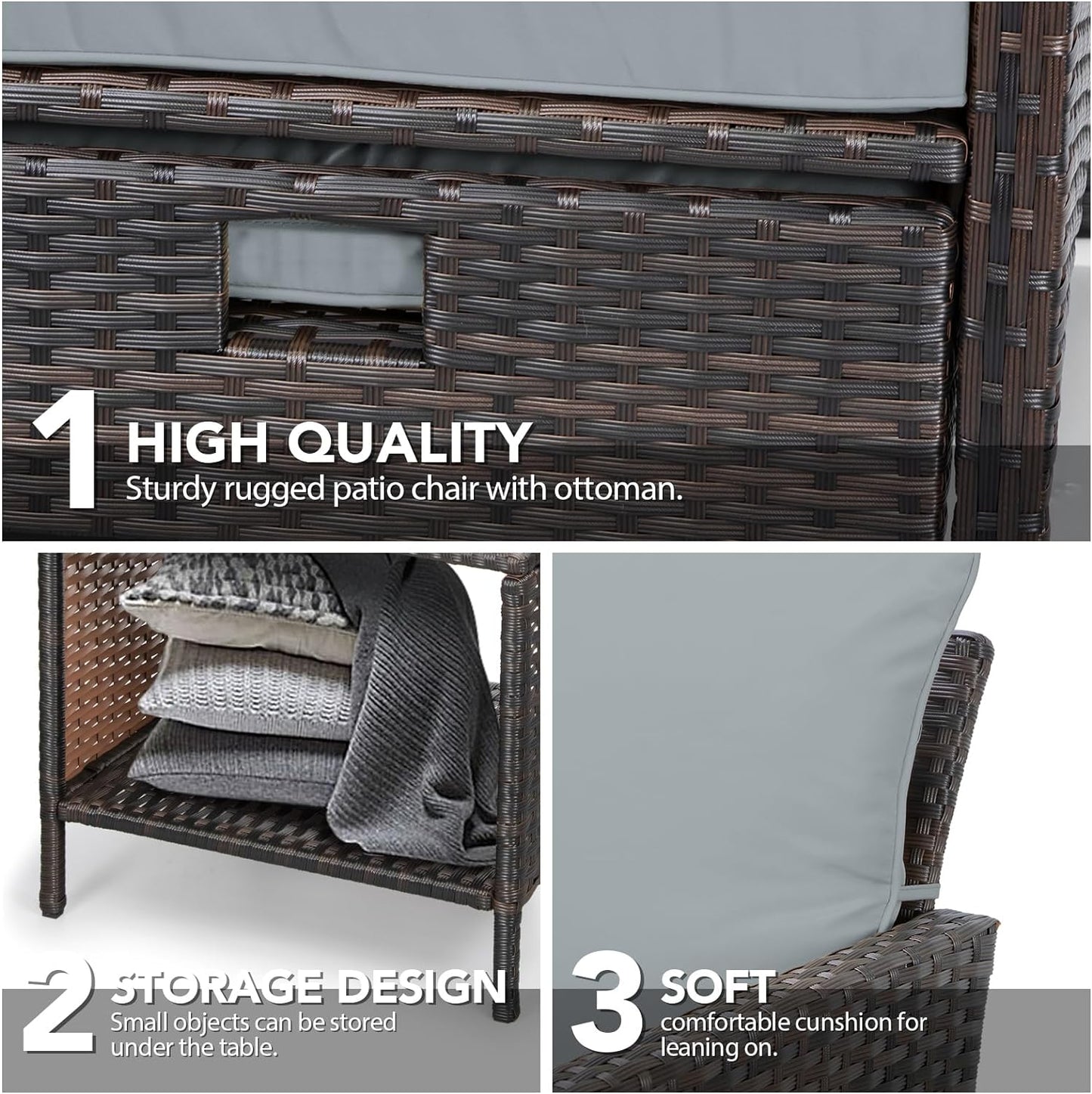 LAFWELL 5 Piece Patio Conversation Set with Wicker Rattan Outdoor Lounge Chairs, Soft Cushions, Ottoman, Glass Table