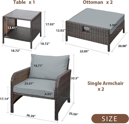 LAFWELL 5 Piece Patio Conversation Set with Wicker Rattan Outdoor Lounge Chairs, Soft Cushions, Ottoman, Glass Table