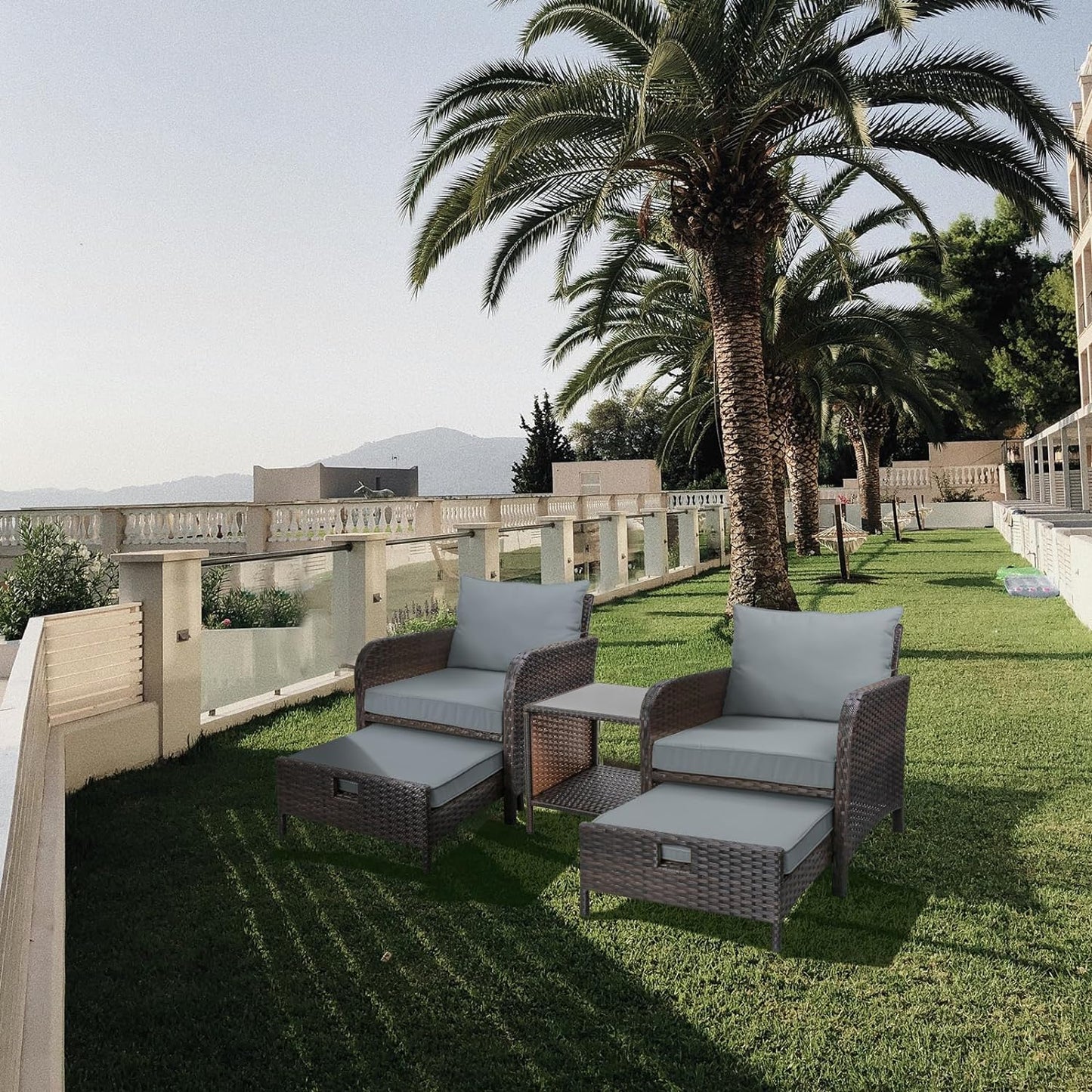 LAFWELL 5 Piece Patio Conversation Set with Wicker Rattan Outdoor Lounge Chairs, Soft Cushions, Ottoman, Glass Table
