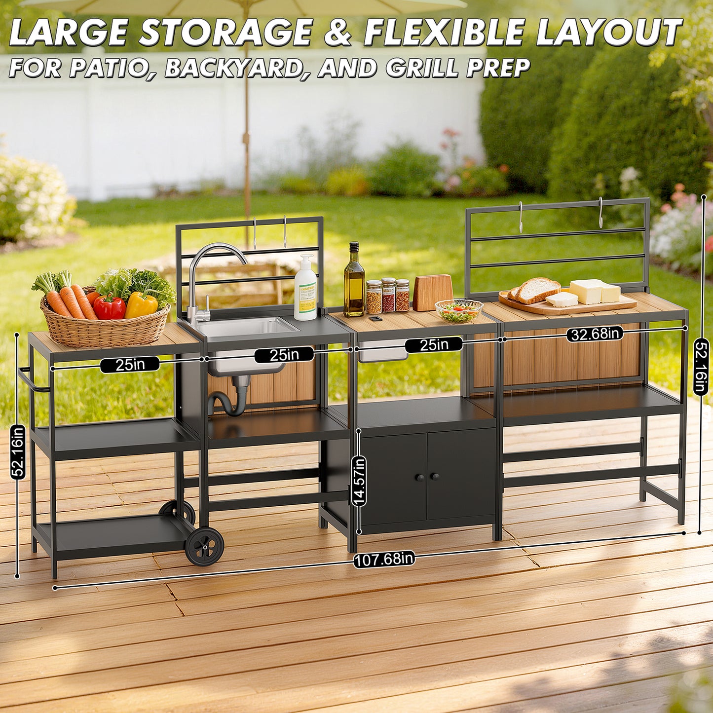 LAFWELL Modular Outdoor Kitchen Island 4-Piece Set, Aluminum Outdoor Kitchen Cabinets Prep Station with Sink, Storage Cabinets & Shelves for Patio, Backyard & Deck