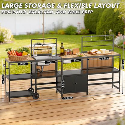 LAFWELL Modular Outdoor Kitchen Island 4-Piece Set, Aluminum Outdoor Kitchen Cabinets Prep Station with Sink, Storage Cabinets & Shelves for Patio, Backyard & Deck