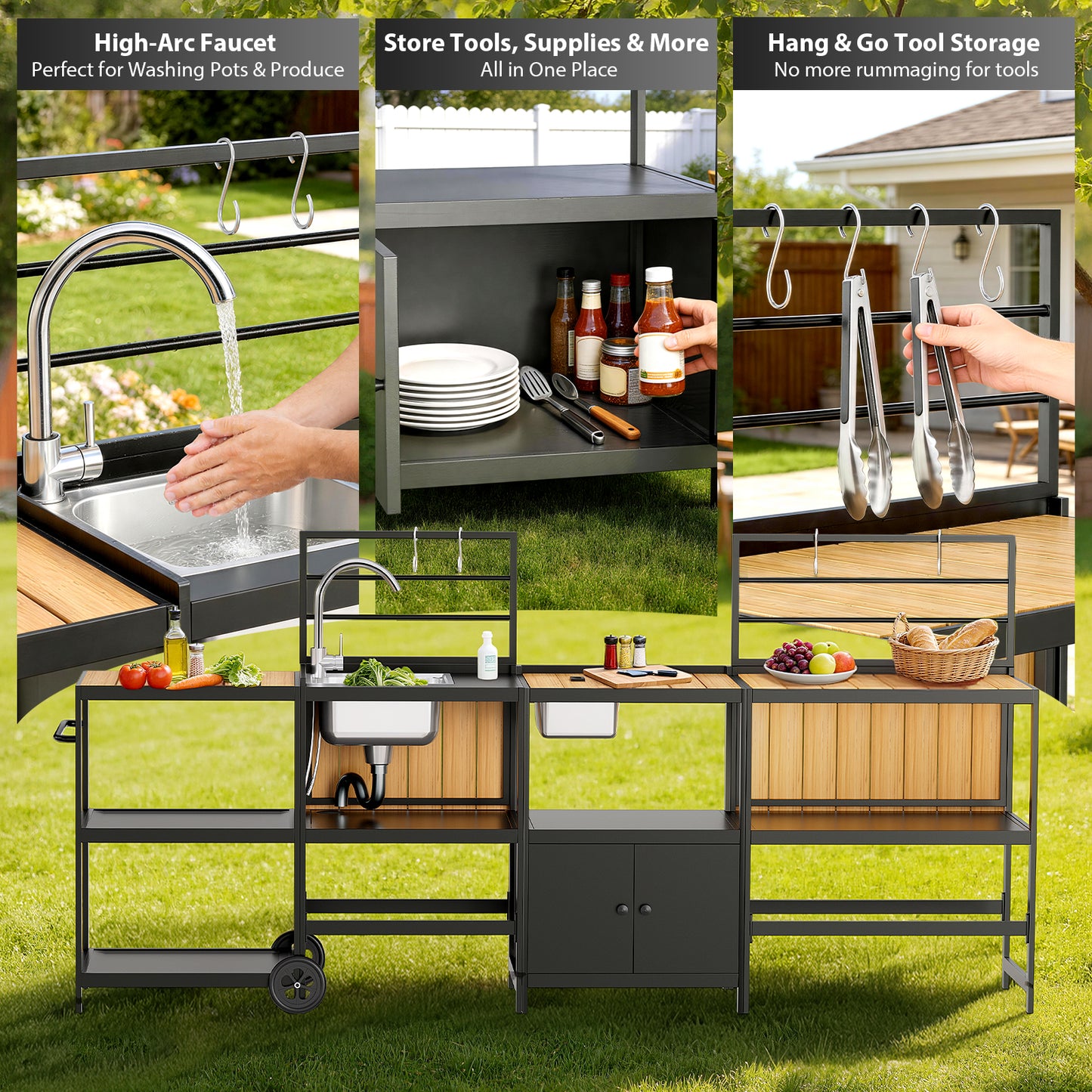 LAFWELL Modular Outdoor Kitchen Island 4-Piece Set, Aluminum Outdoor Kitchen Cabinets Prep Station with Sink, Storage Cabinets & Shelves for Patio, Backyard & Deck