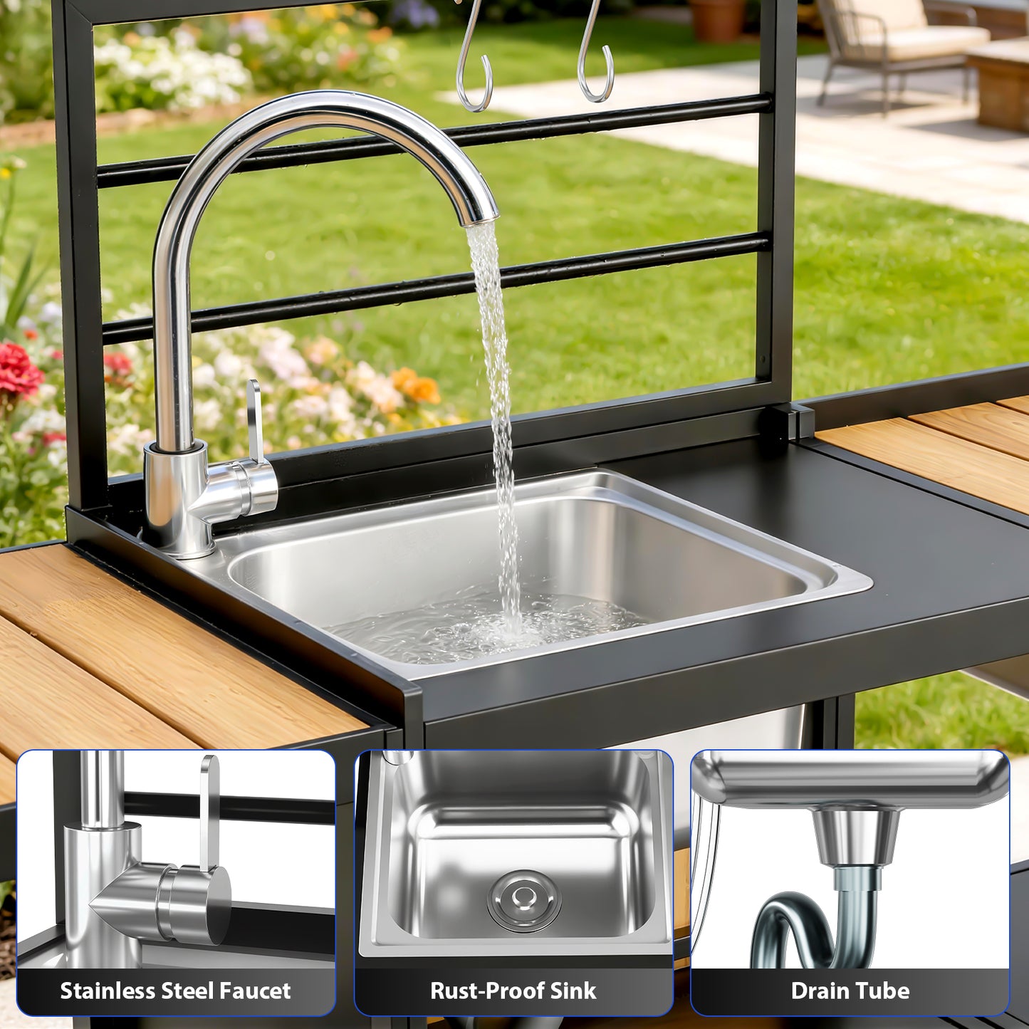 LAFWELL Modular Outdoor Kitchen Island 4-Piece Set, Aluminum Outdoor Kitchen Cabinets Prep Station with Sink, Storage Cabinets & Shelves for Patio, Backyard & Deck