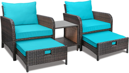 LAFWELL 5 Piece Patio Conversation Set with Wicker Rattan Outdoor Lounge Chairs, Soft Cushions, Ottoman, Glass Table