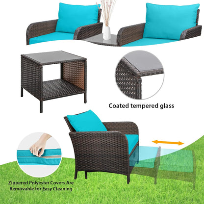 LAFWELL 5 Piece Patio Conversation Set with Wicker Rattan Outdoor Lounge Chairs, Soft Cushions, Ottoman, Glass Table