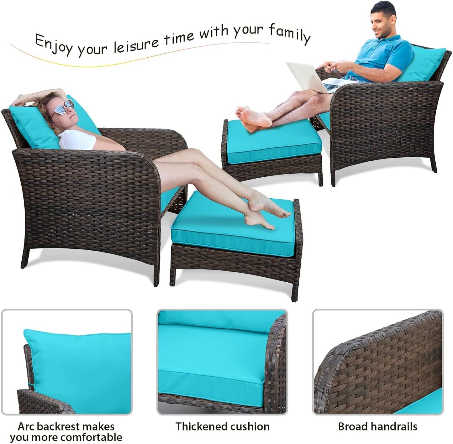 LAFWELL 5 Piece Patio Conversation Set with Wicker Rattan Outdoor Lounge Chairs, Soft Cushions, Ottoman, Glass Table