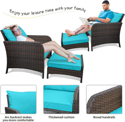 LAFWELL 5 Piece Patio Conversation Set with Wicker Rattan Outdoor Lounge Chairs, Soft Cushions, Ottoman, Glass Table