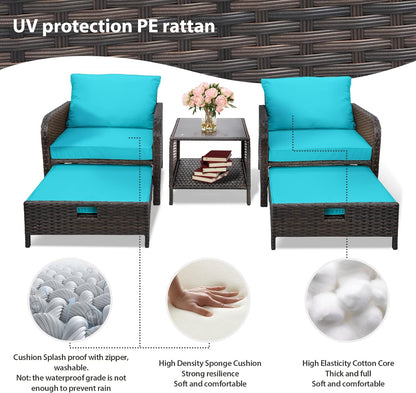 LAFWELL 5 Piece Patio Conversation Set with Wicker Rattan Outdoor Lounge Chairs, Soft Cushions, Ottoman, Glass Table