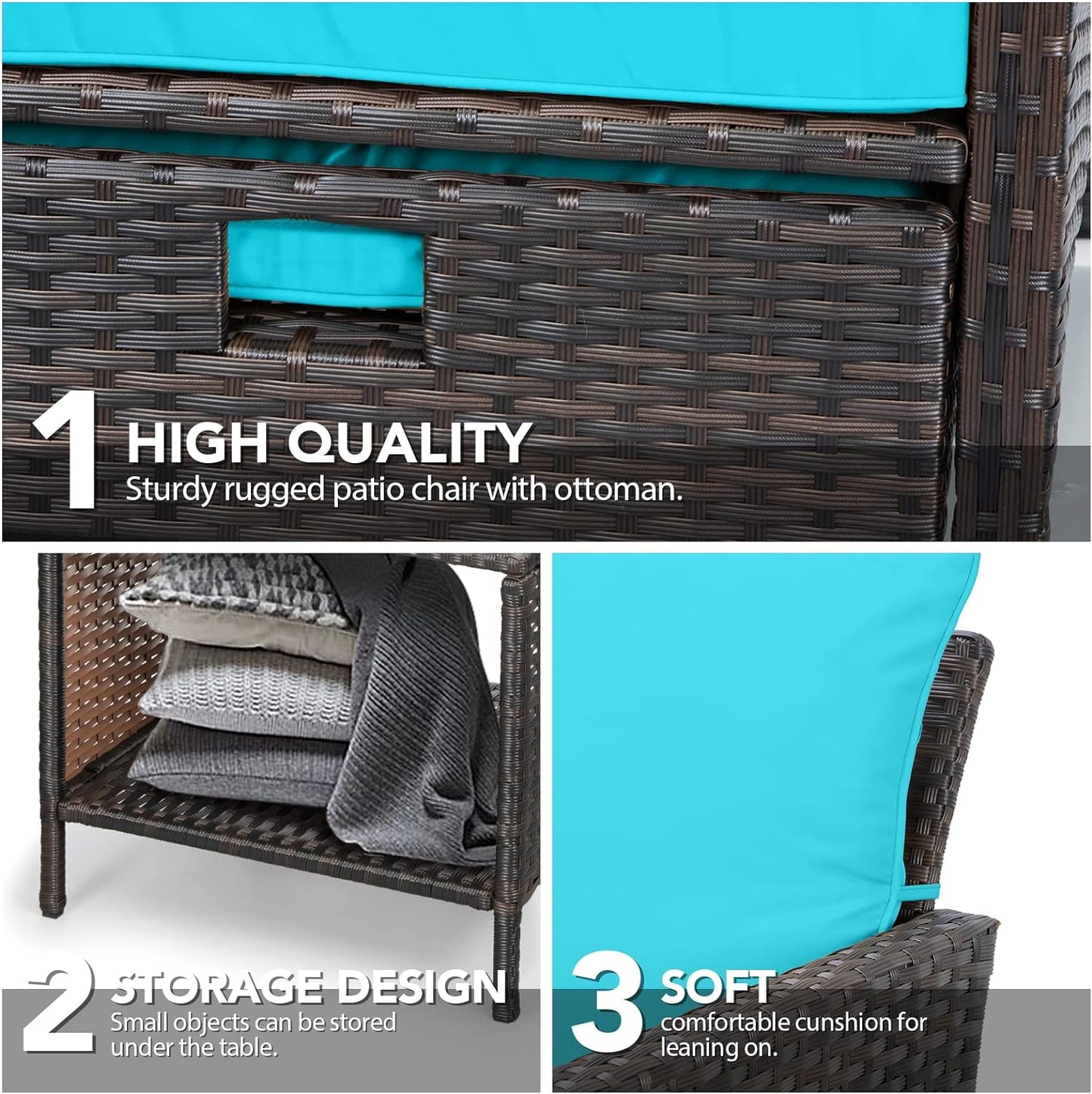 LAFWELL 5 Piece Patio Conversation Set with Wicker Rattan Outdoor Lounge Chairs, Soft Cushions, Ottoman, Glass Table