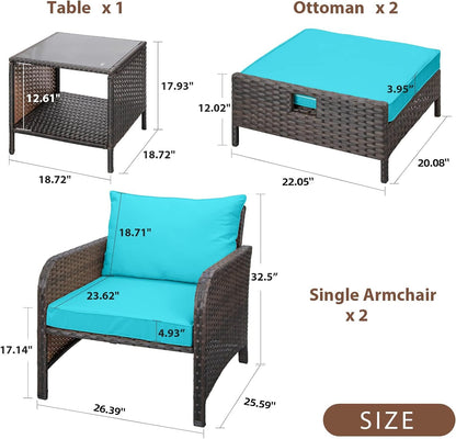 LAFWELL 5 Piece Patio Conversation Set with Wicker Rattan Outdoor Lounge Chairs, Soft Cushions, Ottoman, Glass Table