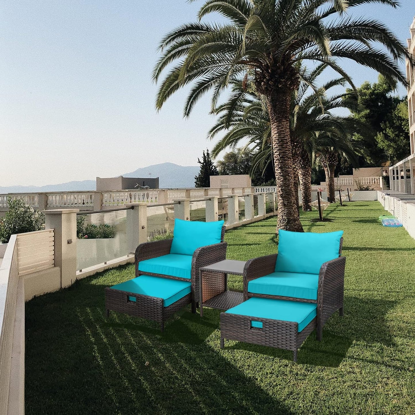 LAFWELL 5 Piece Patio Conversation Set with Wicker Rattan Outdoor Lounge Chairs, Soft Cushions, Ottoman, Glass Table