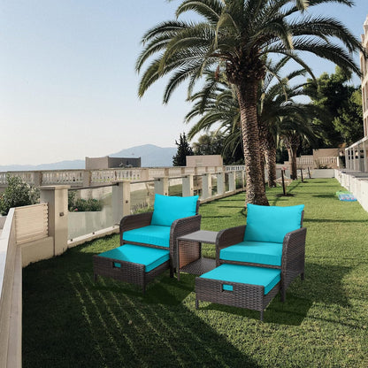 LAFWELL 5 Piece Patio Conversation Set with Wicker Rattan Outdoor Lounge Chairs, Soft Cushions, Ottoman, Glass Table