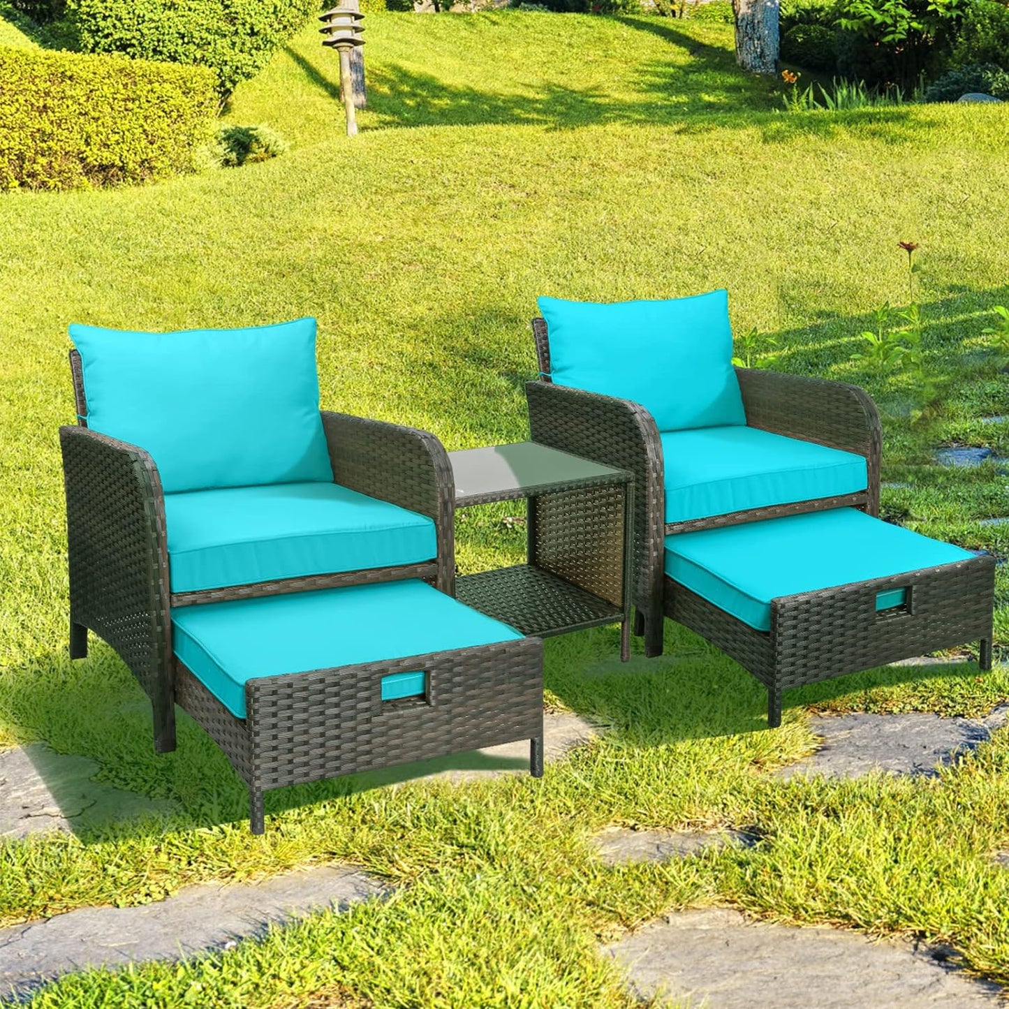 LAFWELL 5 Piece Patio Conversation Set with Wicker Rattan Outdoor Lounge Chairs, Soft Cushions, Ottoman, Glass Table