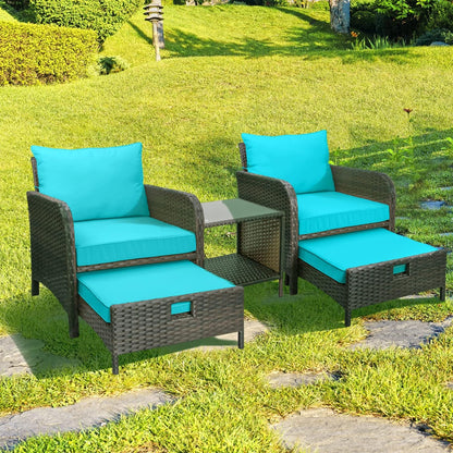 LAFWELL 5 Piece Patio Conversation Set with Wicker Rattan Outdoor Lounge Chairs, Soft Cushions, Ottoman, Glass Table