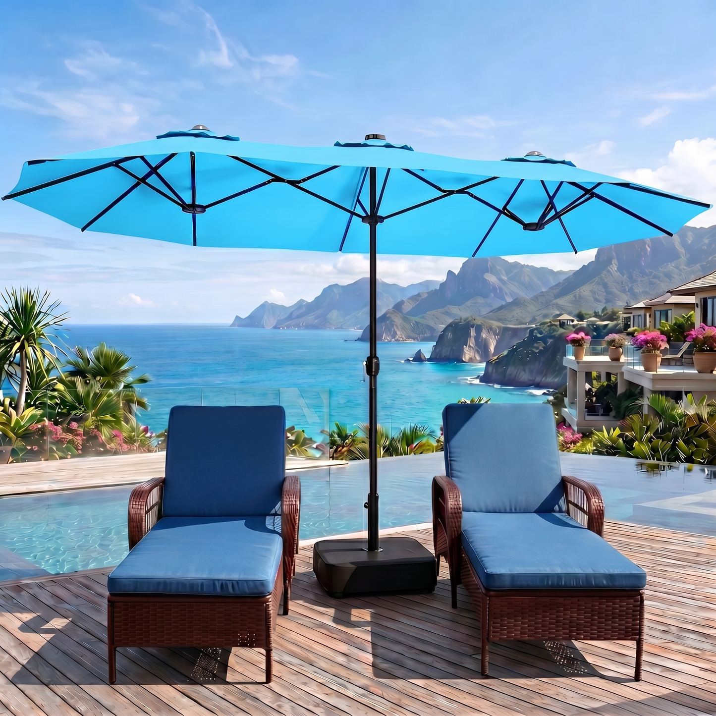 LAFWELL 15FT Double-Sided Patio Umbrella with Base Included, Large Outdoor Rectangular Market Umbrella for Backyard, Poolside, Lawn & Garden