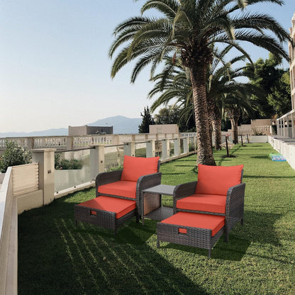 LAFWELL 5 Piece Patio Conversation Set with Wicker Rattan Outdoor Lounge Chairs, Soft Cushions, Ottoman, Glass Table