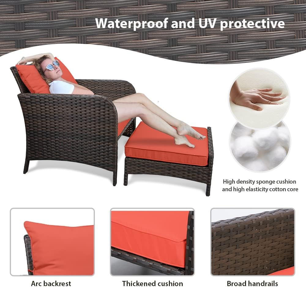 LAFWELL 5 Piece Patio Conversation Set with Wicker Rattan Outdoor Lounge Chairs, Soft Cushions, Ottoman, Glass Table