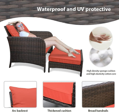 LAFWELL 5 Piece Patio Conversation Set with Wicker Rattan Outdoor Lounge Chairs, Soft Cushions, Ottoman, Glass Table