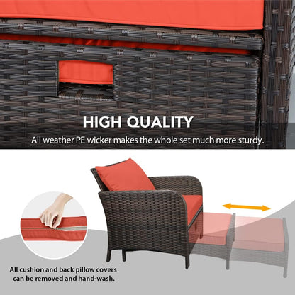 LAFWELL 5 Piece Patio Conversation Set with Wicker Rattan Outdoor Lounge Chairs, Soft Cushions, Ottoman, Glass Table