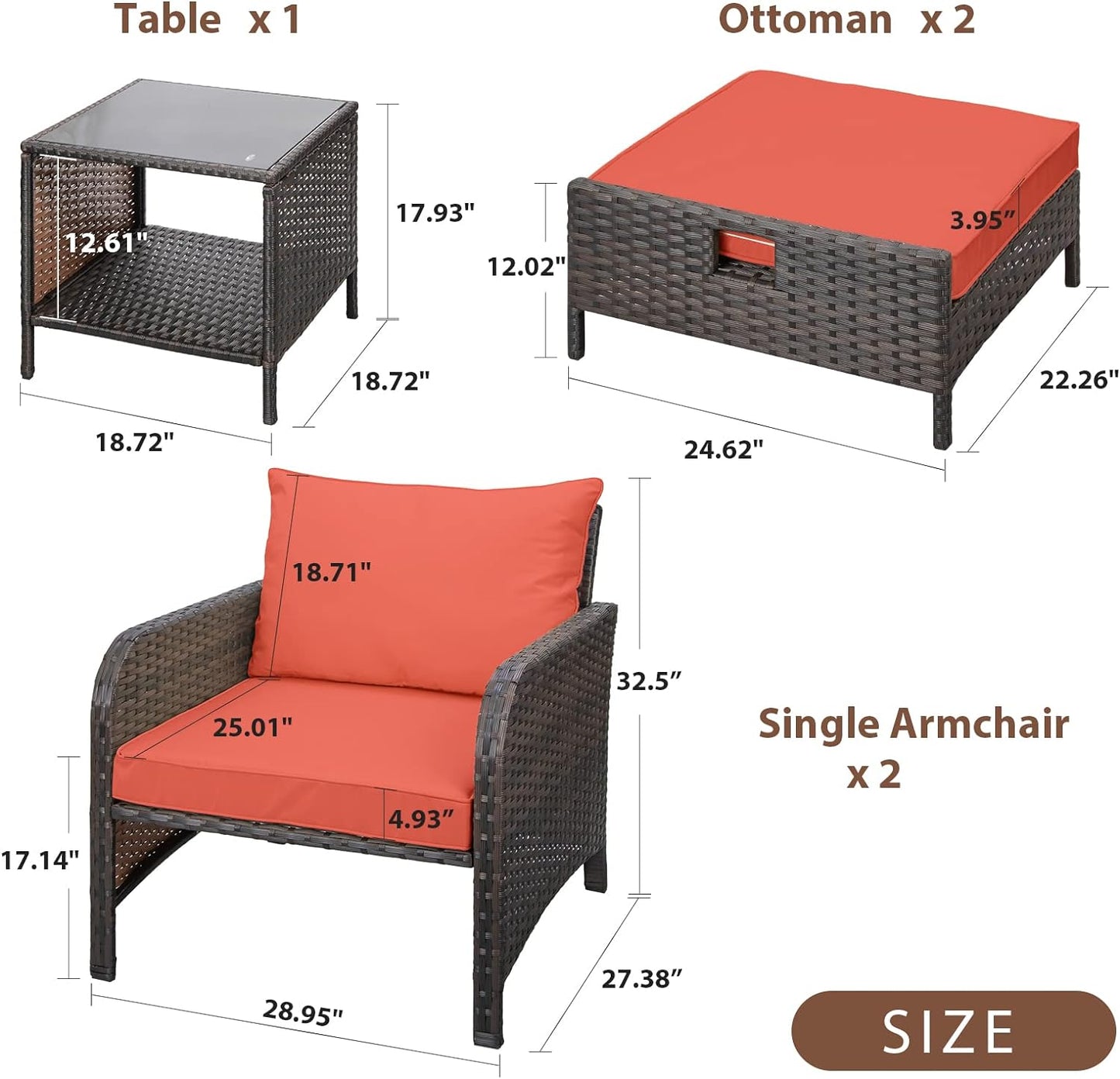 LAFWELL 5 Piece Patio Conversation Set with Wicker Rattan Outdoor Lounge Chairs, Soft Cushions, Ottoman, Glass Table