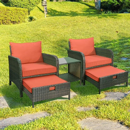 LAFWELL 5 Piece Patio Conversation Set with Wicker Rattan Outdoor Lounge Chairs, Soft Cushions, Ottoman, Glass Table