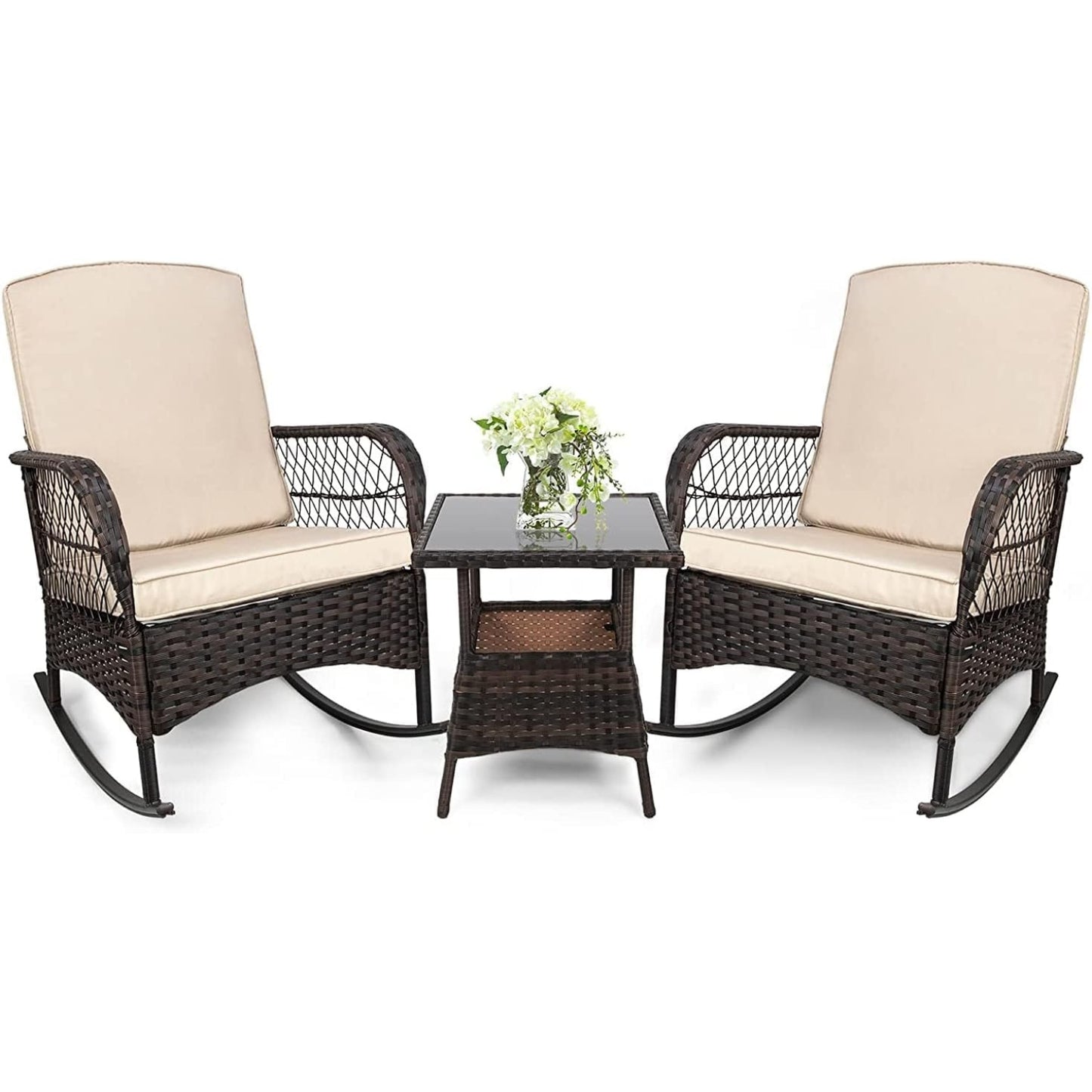 LAFWELL 3 pcs Rocking Bistro Set Conversation Chairs PE Wicker Outdoor Rocking Chairs(Rocking Set,Sand)