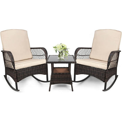 LAFWELL 3 pcs Rocking Bistro Set Conversation Chairs PE Wicker Outdoor Rocking Chairs(Rocking Set,Sand)